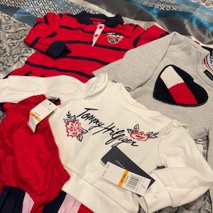 2 Tommy Hill dresses and one sweater . Dress red and blue, white with red , blue